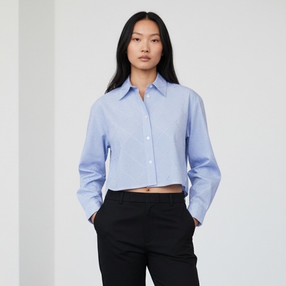 Jason Wu Rhinestone Long Sleeve Hi Low Button Down Cropped Shirt Women’s Size S